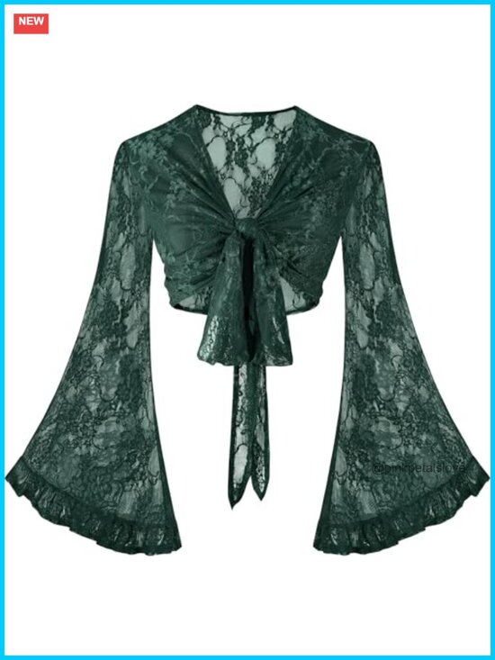 Tops - Flowy Lace Bell Sleeve Tie Front Crop Blouse Boho Rave Festival Hippie Top